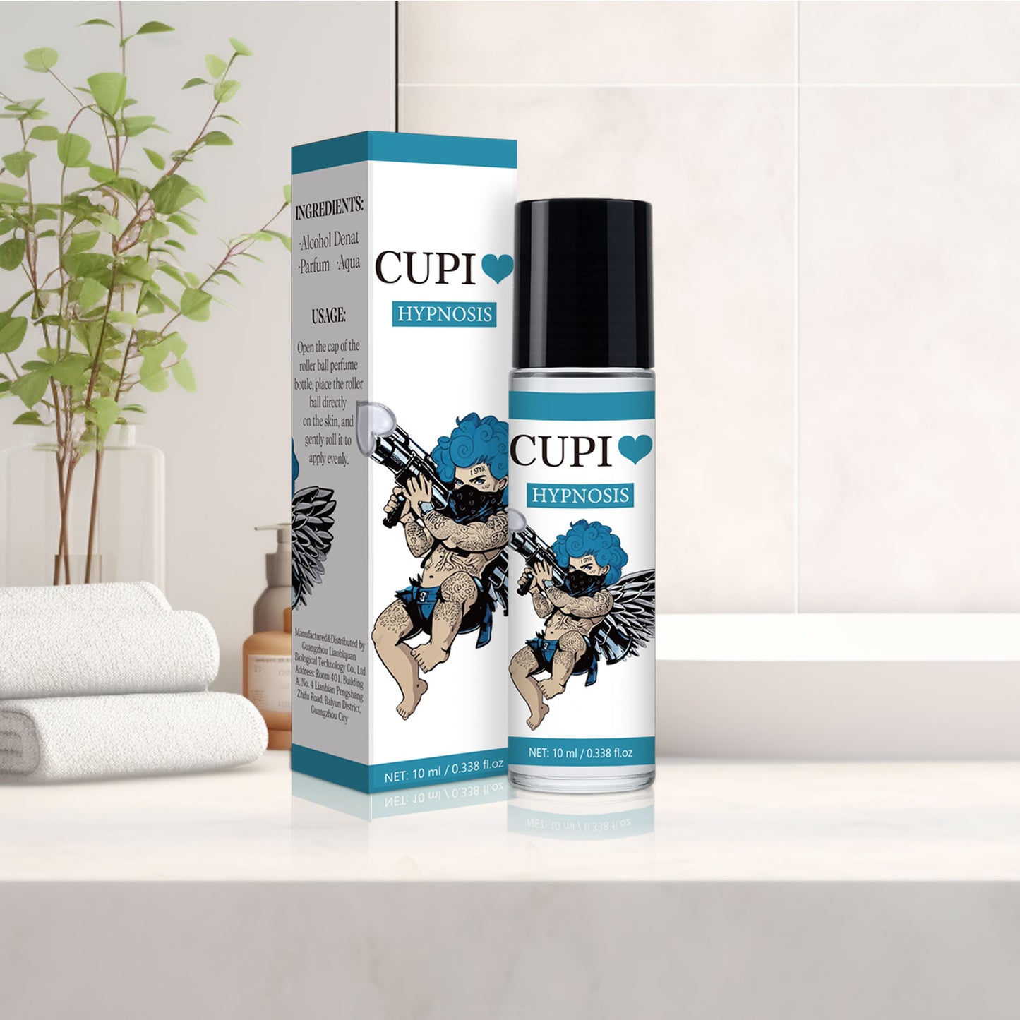 CUPI Hypnosis blue 10mL roll-on perfume in a bathroom setting