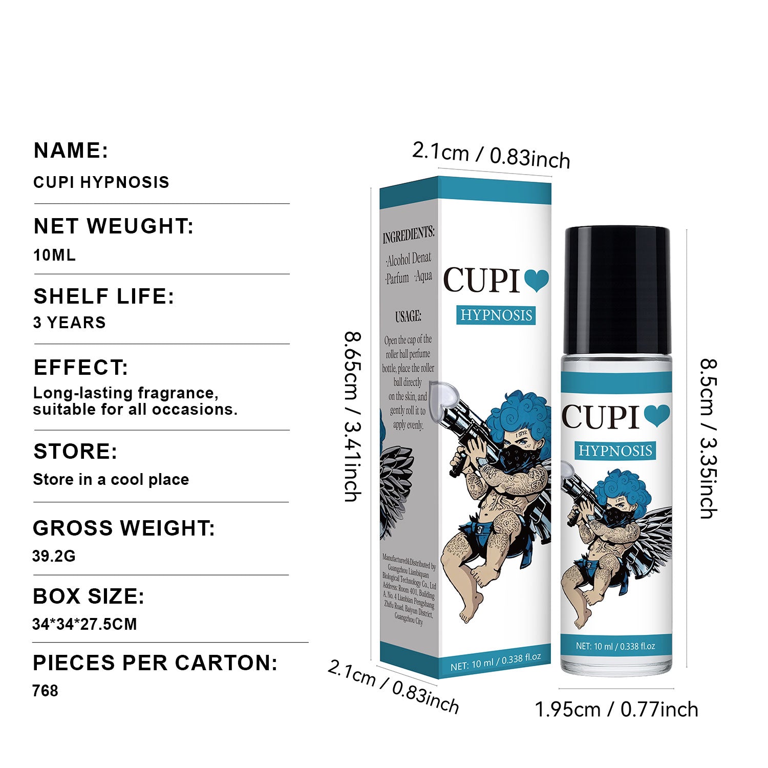 CUPI Hypnosis 10mL roll-on perfume dimensions and product details
