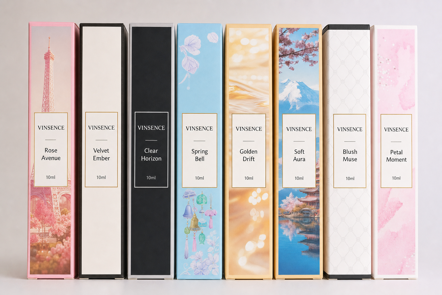 Eight individually boxed VINSENCE fragrances